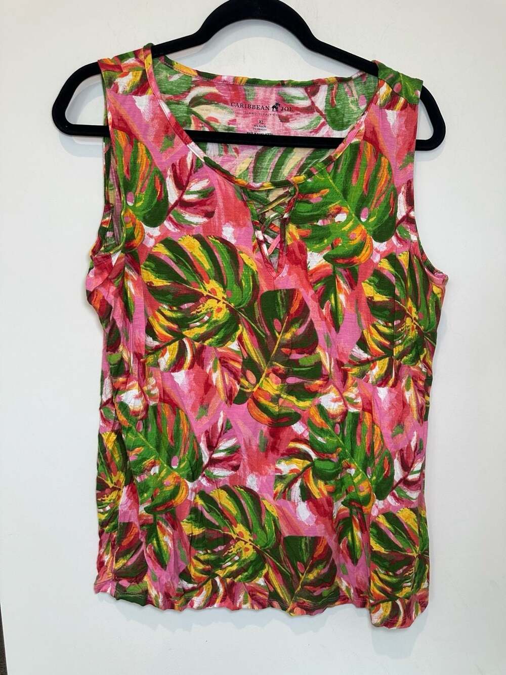Caribbean Joe Tank Top XL Pink Green Tropical Monstera Leaf Lattice
